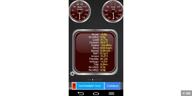 Torque ist eine der bekanntesten Apps zur Fahrzeugdiagnose; in der Lite-Version kostenlos. Sie besitzt mehrere Screens, die sich individuell zusammenstellen lassen.