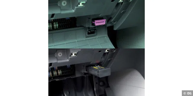 Die OBD2-Schnittstelle ist häufig, wie hier beim VW Caddy, im Bereich des Sicherungskastens zu finden. Der Bluetooth-Dongle wird nur aufgesteckt. Sollte Ihr Smartphone kein COM-Profil für Bluetooth unterstützen, muss ein Exemplar mit WLAN her.