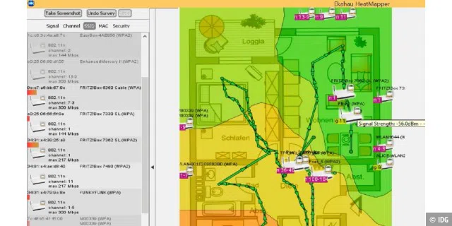Wohnung analysieren: Ekahau Heatmapper stellt die WLAN-Abdeckung grafisch dar. In gelben und roten Bereichen ist das Signal eher schwach. Wenn möglich, stellen Sie für besseren Empfang den Router an einem anderen Ort auf.