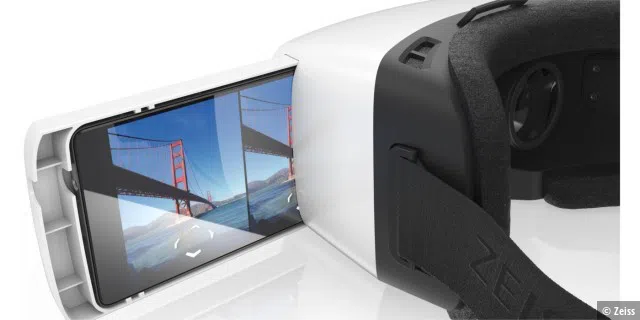 So funktioniert VR am Smartphone: Die speziellen Apps zeigen zwei Bilder, die das Gehirn zu einem 3D-Gesamtbild zusammensetzt. Im Bild die Zeiss-Brille One VR mit dem Samsung Galaxy S5.