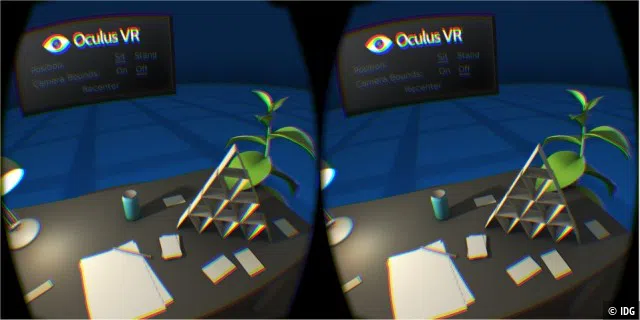 Auf dem PC-Bildschirm ist das Doppelbild für die Oculus Rift verzerrt, erst durch die Linsen in der VR-Brille bekommt man den realistischen, dreidimensionalen Raumeindruck.