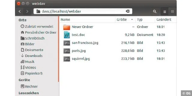Dateimanager: In Ubuntu greifen Sie mit dem Dateimanager Nautilus direkt auf Webdav-Freigaben zu. Dabei verwenden Sie eine Adresse wie „davs://localhost/webdav“.