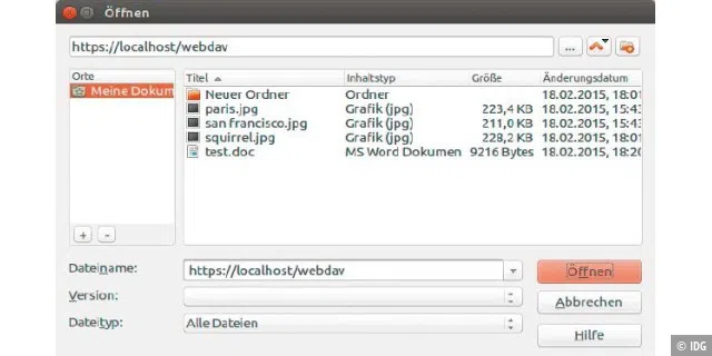 Direkter Zugriff: Libre Office kann eine Webdav-Verbindung über den „Öffnen“-Dialog herstellen. Verwenden Sie einfach die URL des Webdav-Servers.