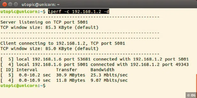 Zuverlässige Geschwindigkeitskontrolle für LAN und WLAN: Für eine Messung der Übertragungsrate baut Iperf eine Verbindung zu einem anderen Linux-PC im Netzwerk auf und misst in beide Richtungen.