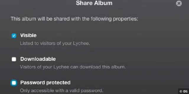 Standardmäßig ist jedes Album für alle Besucher von Lychee sichtbar. Sie können das ändern, wenn Sie beim Teilen explizit etwas anderes festlegen.