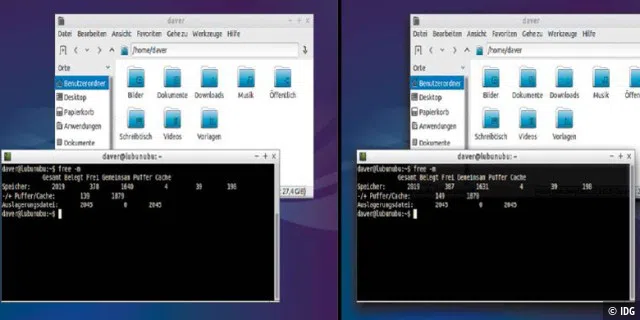 LXDE-Desktop mal mit und mal ohne Compositor: Links ist ein LXDE ganz ohne Effekte zu sehen. Rechts ist der Compositor Compton geladen und bietet Schatten unter den Fenstern und Transparenz-Effekte.