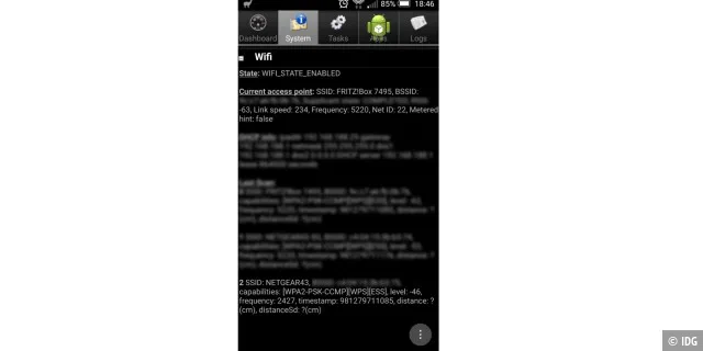 Schnelles WLAN im Smartphone: Die Android-App System Info for Android zeigt an, auf welchen Frequenzen das Smartphone WLAN-Gegenstellen erkennt. Damit prüfen Sie, ob das Handy Dual-Band-WLAN besitzt