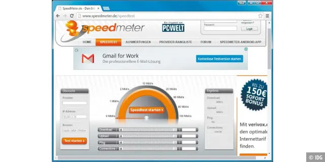 Geschwindigkeits-Check: Mit einem Testlauf auf www.speedmeter.de ermitteln Sie die aktuelle Transferrate von Ihrem Rechner zu einem Server im Internet.