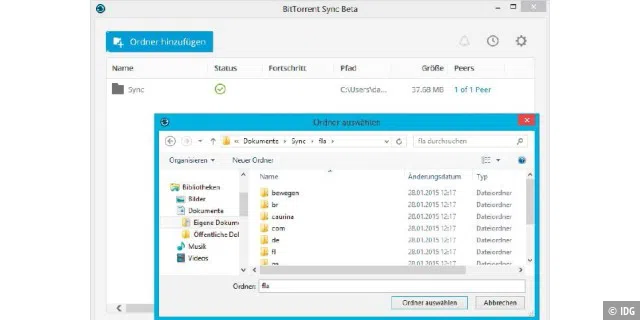 Um Dateien in einem Ordner zu synchronisieren, ist auf dem anderen Client die Eingabe des zuvor erzeugten geheimen Schlüssels und die Auswahl eines Zielordners nötig.