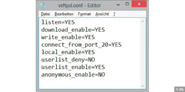 Funktionierende Minimalkonfiguration für Vsftpd: Zusätzlich ist nur noch ein winziger Eintrag in der Datei „/etc/vsftpd.user_list“ erforderlich.