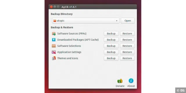 Bei einem Wechsel von einem Ubuntu-System auf ein anderes kann Aptik inoffizielle Repositories, Paketlisten, Desktop-Themen und Icon-Schemata sichern und importieren.