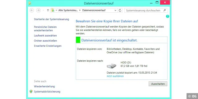 Die automatische Datensicherung des Dateiversionsverlaufs in Windows 8 und 10 läuft im Hintergrund.