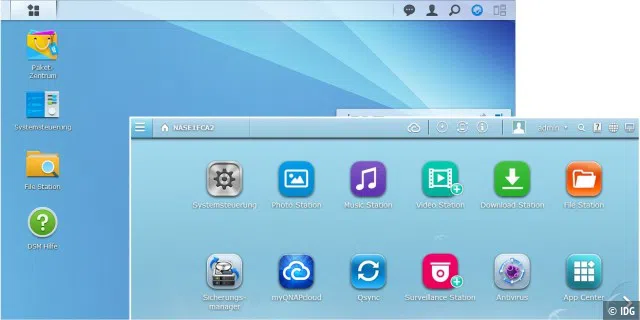 Der Desktop des Konfigurationsmenüs ist bei Qnap anfangs „voller“ (rechts unten), weil der Hersteller im Gegensatz zu Synology werksseitig mehr Programme vorinstalliert.