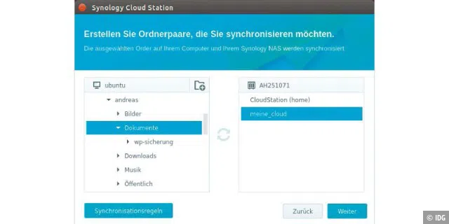 Synology Cloud Station: Mit dem Client unter Linux legen Sie die Paare für die Synchronisation fest. Eine Übersicht zeigt anschließend alle vorhandenen Verbindungen.