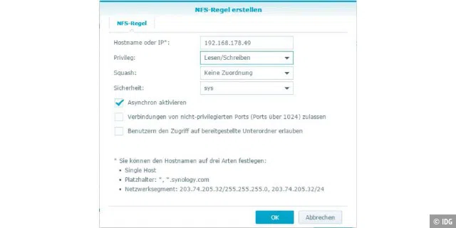 NFS-Freigabe für Linux-Rechner: Beim Einrichten einer Sicherung über NFS richten Sie pro Client eine eigene Regel ein.