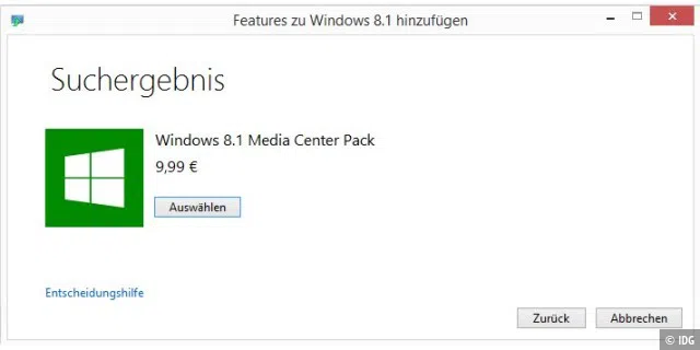 Vergangene Zeiten: Unter Windows 8.1 ließ sich das Media Center Pack noch für knapp zehn Euro nachinstallieren, das ist im neuen Windows 10 nicht mehr möglich.