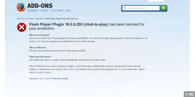 Dieser Warnhinweis informiert über das blockierte Flash-Plugin