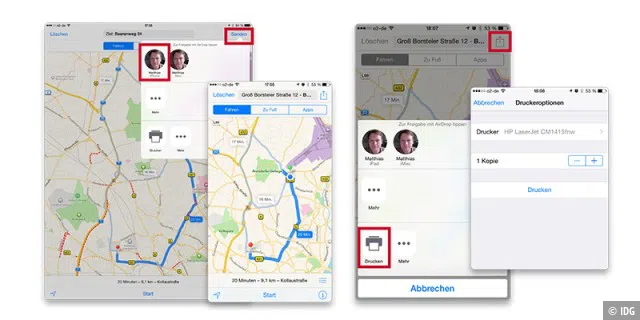 Die Route lässt sich am iPad planen und per Airdrop zum iPhone schicken. Drucken erstellt eine übersichtliche Wegbeschreibung in Papierform.