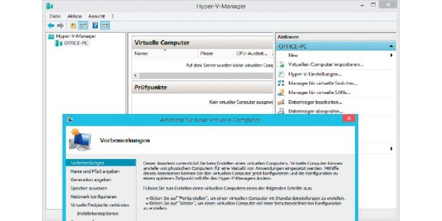 F&uuml;r die Virtualisierung mit Microsoft Hyper-V ben&ouml;tigen Sie einen Prozessor mit Hardware-Virtualisierung und mindestens 4 GB RAM.