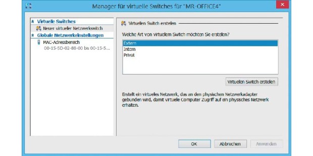Die Netzwerkkonfiguration f&uuml;r Hyper-V bietet drei Optionen an. Mit &bdquo;Extern&ldquo; erh&auml;lt der virtuelle Rechner Zugriff auf die Internetverbindung.