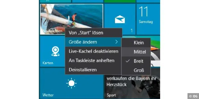 Die Größe von Startmenükacheln in Windows 10 passen Sie nach einem Rechtsklick über das Kontextmenü an.