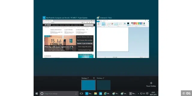 Die virtuellen Desktops von Windows 10 erlauben die Definition mehrerer, parallel aktiver Bedienoberflächen.