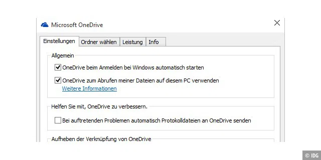 Mit der Option „OneDrive zum Abrufen meiner Dateien auf diesem PC verwenden“ schalten Sie den Remote-Dateizugriff über OneDrive für lokal gespeicherten Dateien ein.