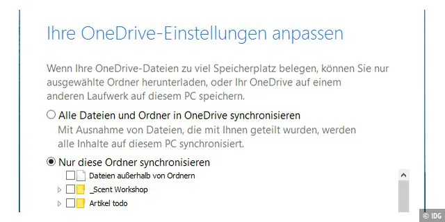 Windows 10 erlaubt wahlweise ein vollständiges oder selektives Synchronisieren zwischen lokalem PC und OneDrive-Speicher.