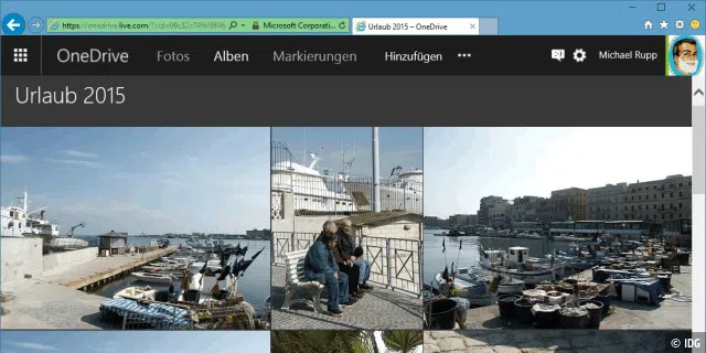 Im Browser lassen sich OneDrive-Fotos auswählen und zu einem virtuellen Album zusammenfügen, das man online betrachten und einfach weitergeben kann.