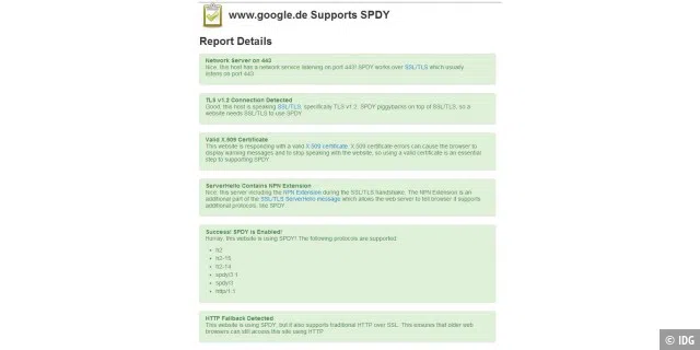 Ob eine Webseite bereits HTTP/2 unterstützt, können Sie auf der Webseite spdycheck.org testen.