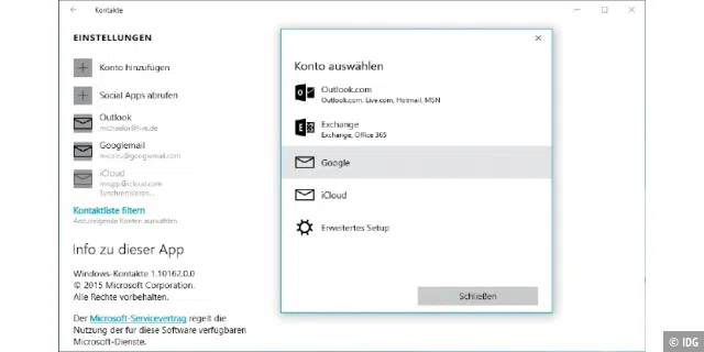 Neben dem Microsoft-Konto lassen sich weitere Dienste zum Abgleich von Kontakten in Windows 10 einbinden.