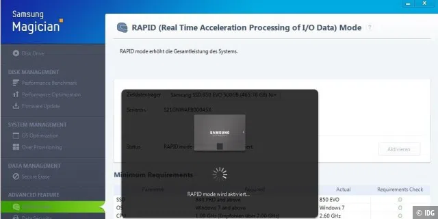 Dank der Funktion RAPID können Sie den Arbeitsspeicher Ihres Rechners nutzen, um die Datenraten von Samsung-SSDs zu beschleunigen!