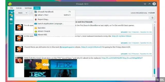 Twitter auf KDE-Desktop: Choqok kann mit mehreren Konten umgehen und zeigt Vorschaubilder aus Posts direkt in der Timeline.