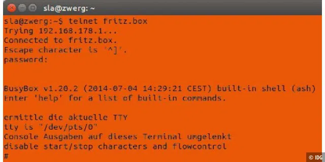 „Connected to fritz.box“: Mit einem Terminal loggen Sie sich per Telnet (nicht nur unter Linux) auf dem Router ein.