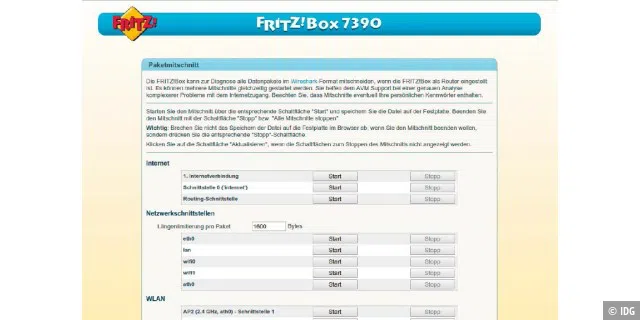 : Direkt über die Oberfläche der Fritzbox aktivieren Sie das Protokoll der Datenpakete mit Wireshark.