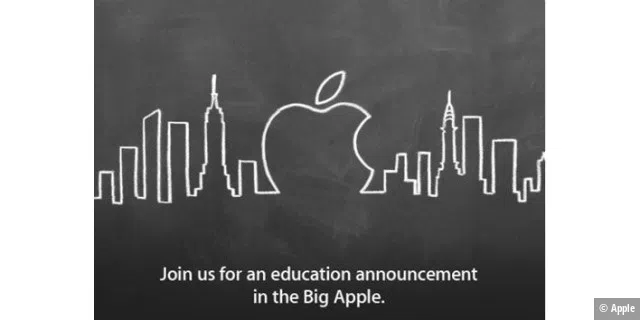 Die namenslose Bildungsveranstaltung in New York im Januar 2012. Apple hielt sich an das Versprechen in der Einladung: Das Unternehmen hat die Software iBooks Author und die Lernplattform iTunes U vorgestellt.