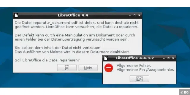 Die Reparaturfunktion von Libre Office erkennt zwar, wenn eine Datei nicht Ordnung ist, steigt aber schon bei kleinen Fehlern im Datei-Header aus.