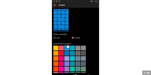 Unter Windows 10 Mobile können Sie die Kachelansicht, Farben und App-Shortcuts individuell anpassen.