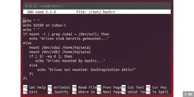 „Bash Run Commands“ als Autostarter: Auf Servern, die nur gelegentliche SSH-Anmeldung erfordern, kann die standardmäßig abgearbeitete „.bashrc“ Routinearbeiten übernehmen.