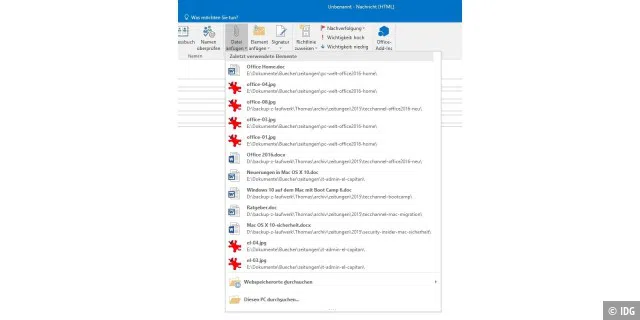 Das Anhängen von Dateien funktioniert in Outlook 2016 wesentlich einfacher als in den Vorgängerversionen