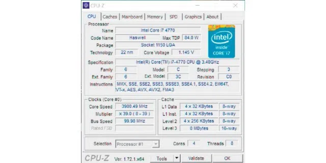 Moderne Prozessoren, hier ein Intel Core i7, unterstützen Virtualisierung. In den „Instructions“ zeigt das Tool CPU-Z daher die Erweiterung „VT-x“ an.