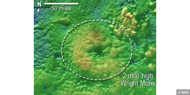 Der Eisvulkan Wright Mons: Er soll 2 Meilen (3,2 Kilometer) hoch sein. 