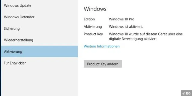 Windows 10 Version 1511: Hier erfährt der Nutzer, über welche Methode seine Windows-10-Version aktiviert wurde.