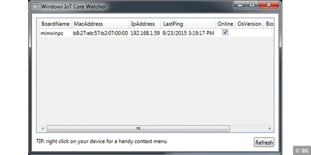 Der Core Watcher findet die im Netz befindlichen Windows 10 IoT Core-Rechner und ermöglicht per Rechtsklick Zugriff per Network-Share oder Browser.