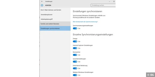 In den Einstellungen von Windows 10 können Sie Einstellungen zwischen Rechnern synchronisieren. Sie können die komplette Synchronisierung ausschalten oder nur einzelne Funktionen nutzen