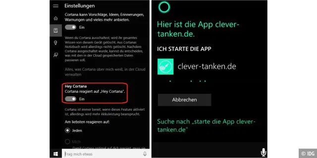Den Sprachbefehl zum Starten des Cortana-Assistenten gibt es bisher nur unter Windows 10 (links), nicht dagegen auf Smartphones mit Windows Phone 8.1.