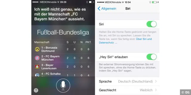 Bei Siri passte die FC-Bayern-Antwort nicht zur Frage nach einer Zugabfahrt (links). Praktisch dagegen ist die Aktivierung mit Hey Siri (rechts).