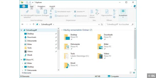 Datei-Explorer: Windows 10 zeigt standardmäßig die Ansicht „Schnellzugriff“. Sie können das auf „Dieser PC“ ändern oder den Schnellzugriff ganz entfernen.