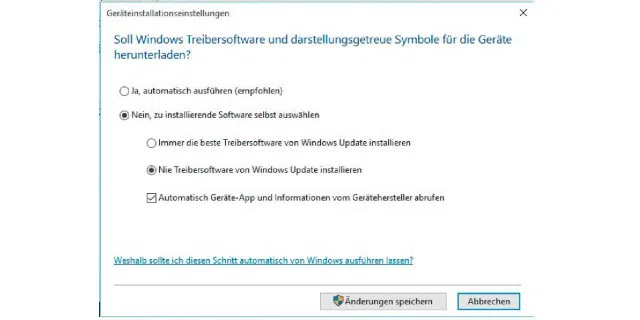 Wollen Sie die Aktualisierung der Treiber unter Windows 10 selbst übernehmen, können Sie die automatischen Updates des Betriebssystems in den „Geräteinstallationseinstellungen“ deaktivieren.