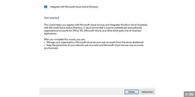 Über einen Assistenten lässt sich Windows Server 2016 Essentials an Azure Active Directory, Microsoft Intune und Office 365 anbinden